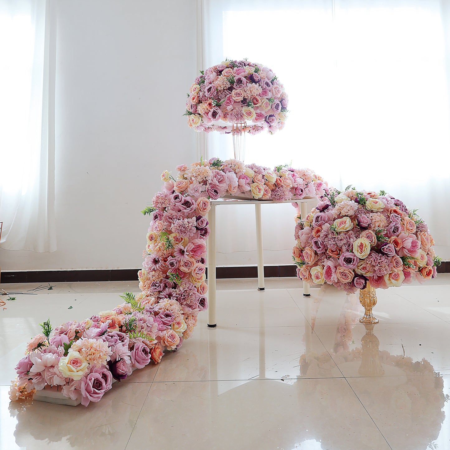 FL-092 Beautiful champagne pink artificial flowers customizable centerpiece flower balls for indoor outdoor wedding decorations