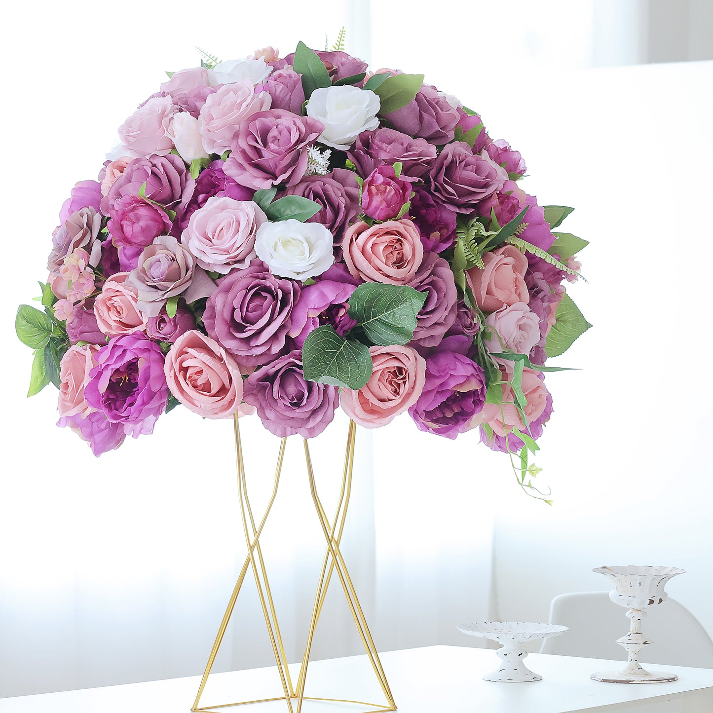 Fl-032 New design artificial purple rose baby breath flower wedding centerpieces floral ball centerpiece